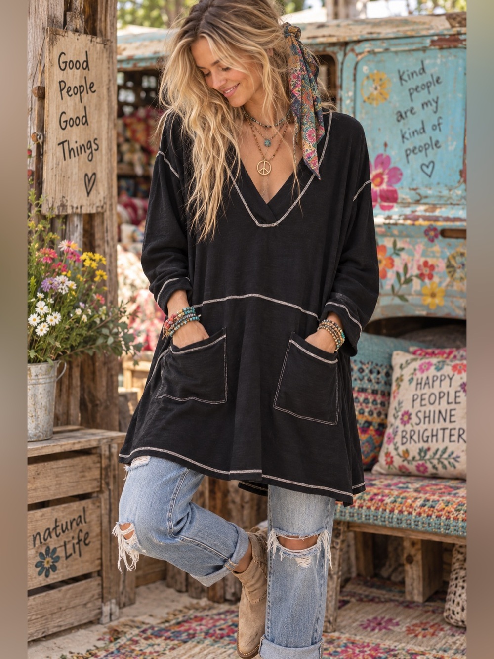 Natural Life Black Contrast Stitch Long Sleeve Pocket Tunic Top Size XL